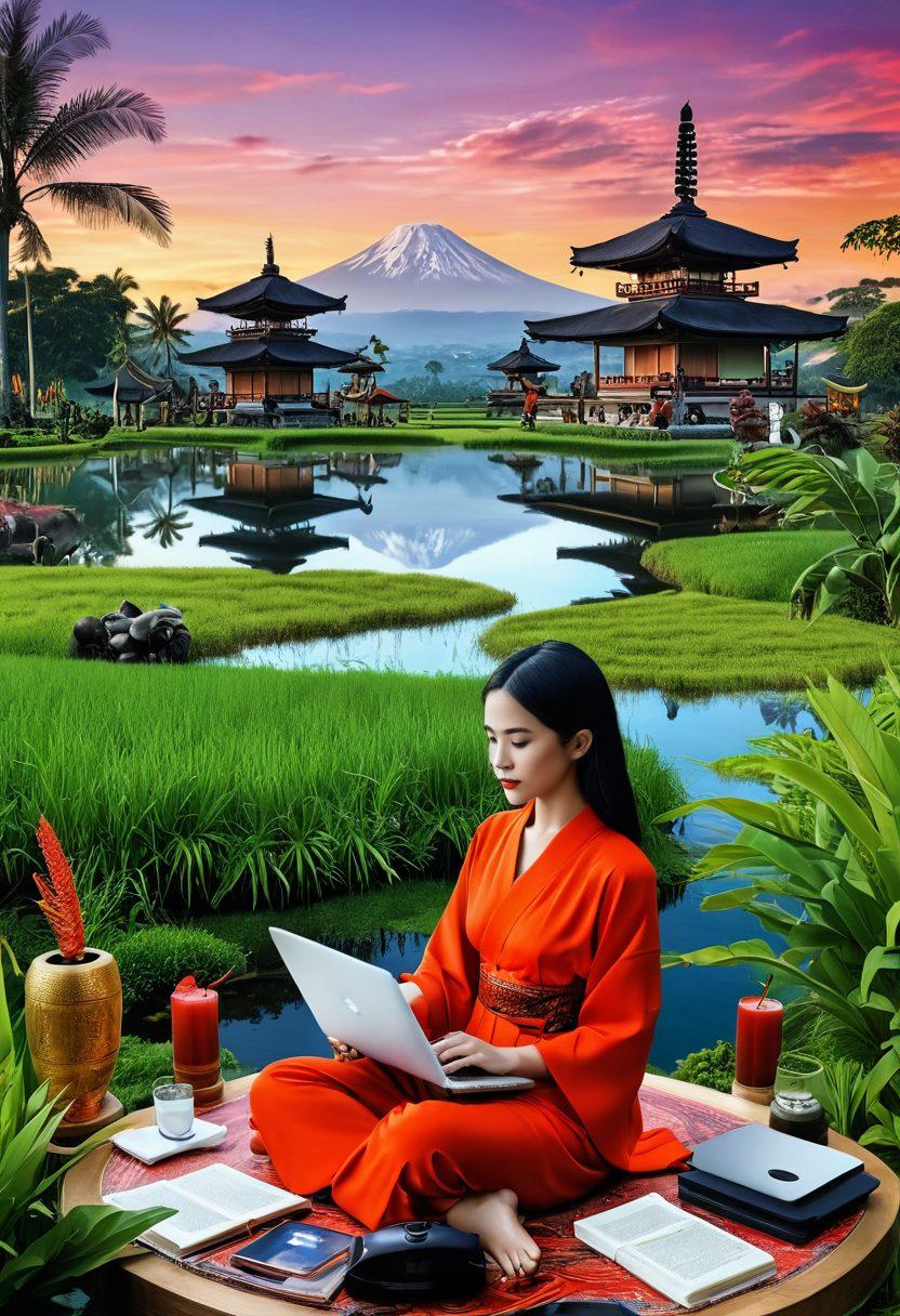 A vibrant digital collage depicting a luxurious lifestyle intertwined with modern technology, showcasing various adult media elements like sleek devices, trendy fashion, and alluring landscapes of Indonesia. Include iconic Indonesian symbols like rice paddies or temples in the background, merging traditional and contemporary aesthetics. The overall feel should be immersive and engaging, inviting readers to explore. super-realistic. vibrant colors. 3D.