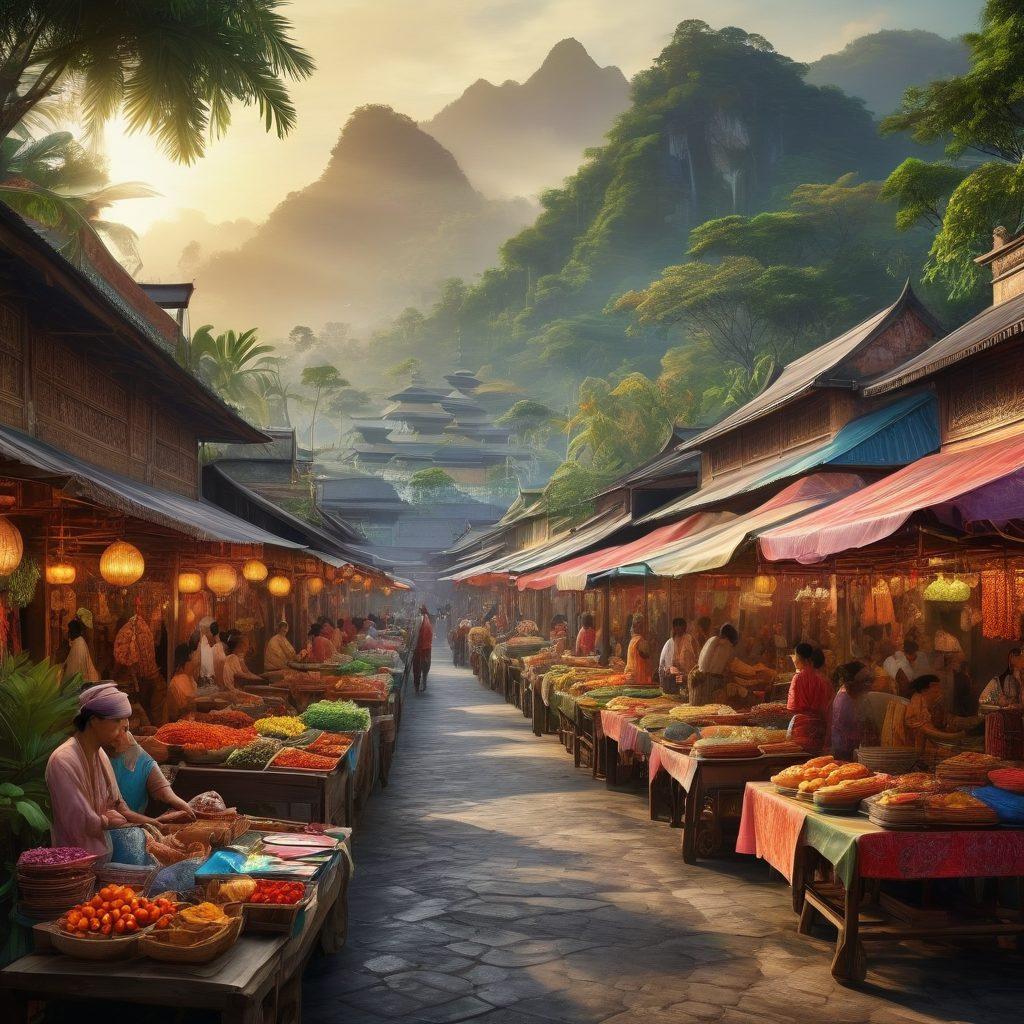 Depict a vibrant market scene in Indonesia, blending traditional architecture with subtle erotic elements, such as intricate batik patterns that hint at sensuality. Include local people engaging in cultural activities, with warm colors highlighting the rich heritage. The background should feature lush greenery and iconic Indonesian landmarks. Incorporate an aura of celebration and artistic expression. super-realistic. vibrant colors. 3D.