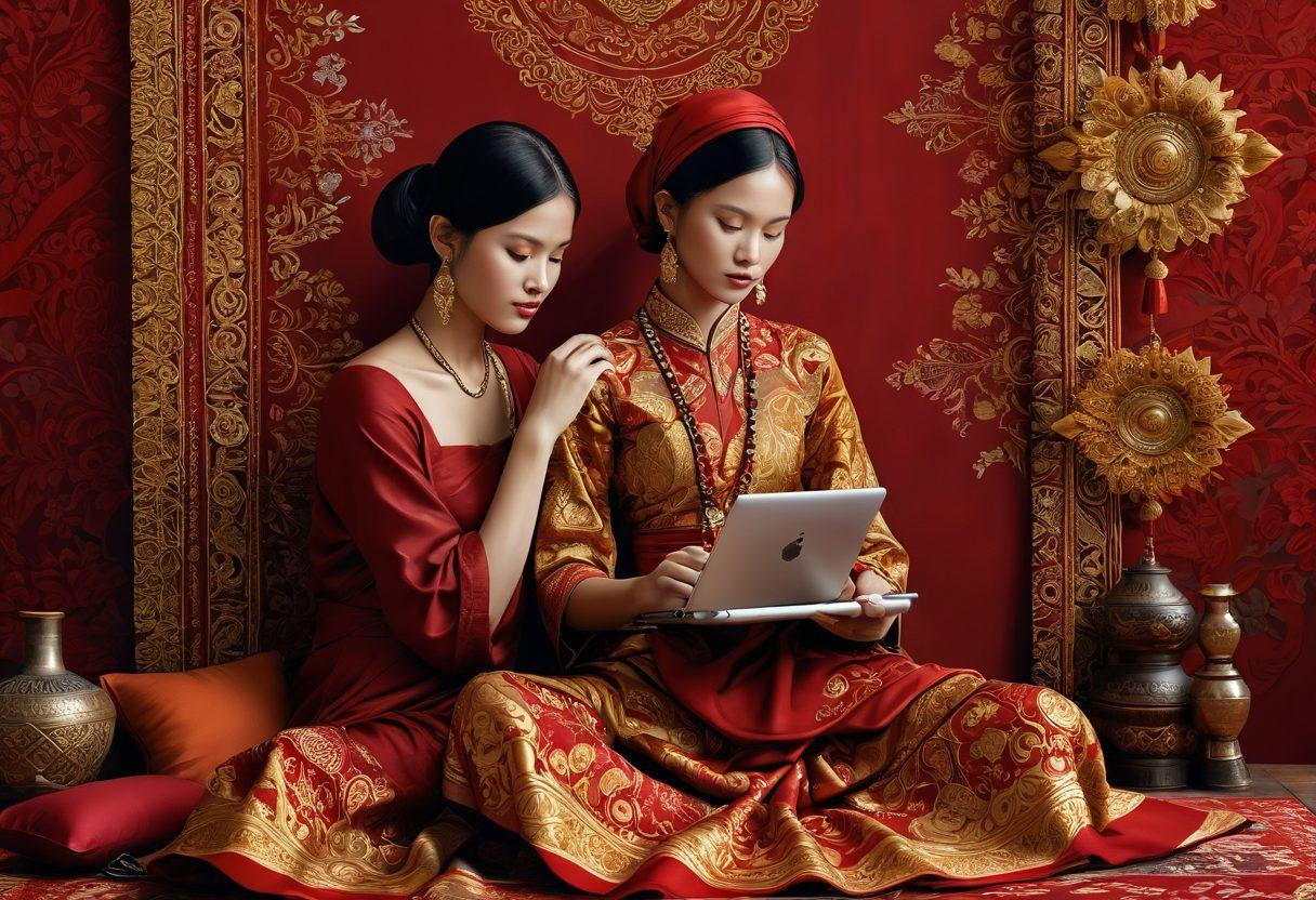 A visually captivating digital diary showcasing a blend of Indonesian cultural motifs and adult themes. Include traditional textiles as a background, sensual silhouettes reflecting intimacy, and subtle elements of modern technology like smartphones and laptops. Incorporate rich colors like deep reds and golds to evoke warmth and allure. Add soft lighting to create an inviting atmosphere. painting. vibrant colors. 3D.